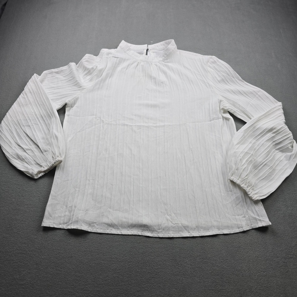 White Mock Neck Textured Long Sleeve Blouse Balloon Sleeve Top Medium thin